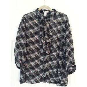 NWT ULTRA PINK Sz 2X Plaid Ruffle Front Button Down | Preppy Chic